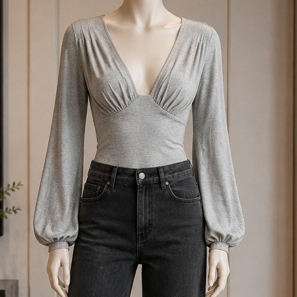 Majorelle Women Bodysuit Gray V-Neck Balloon Sleeve Knit Small